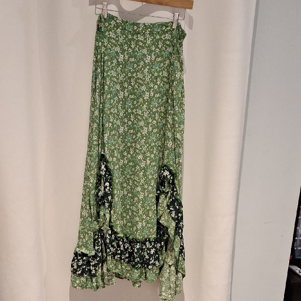 AEMI & CO Foral Green Ruffle Maxi Skirt Size L